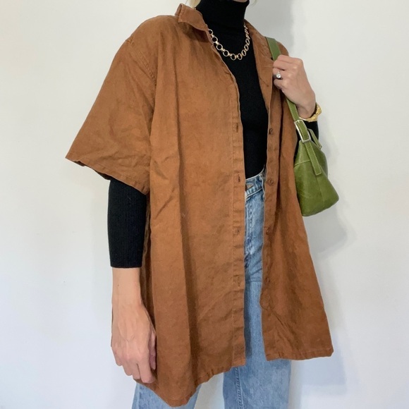 VINTAGE | Camel Brown Oversized Slouchy Linen Button Down Short Sleeve Top - Picture 2 of 6